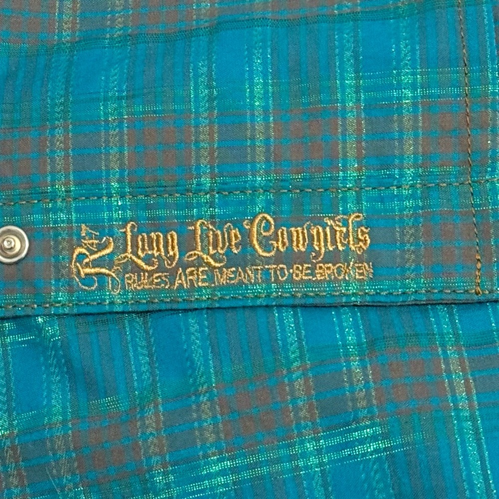 Rock 47 by Wrangler Teal Plaid Western Snap Button Shirt — Size Medium - Picture 8 of 11